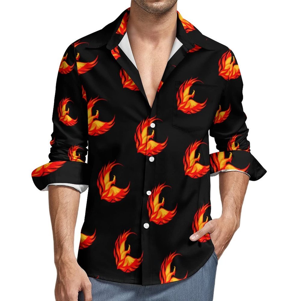 Phoenix Bird Men's Shirt Long-Sleeve Button Hawaiian Shirt Tops for Casual Beach Work L
