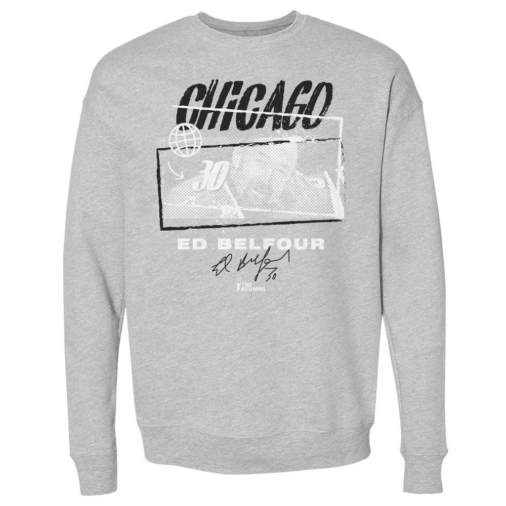 500 LEVEL Ed Belfour Sweatshirt (Crew Sweatshirt, XX-Large, Heather Gray) - Ed Belfour Chicago Tones WHT