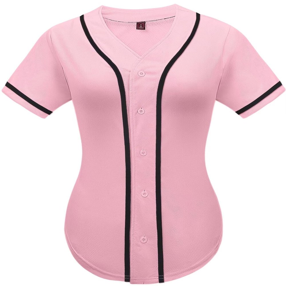 babyhealthy Womens Baseball Jersey Button Down Plain Softball Hip Hop Tshirts Sports Active Tee Pink