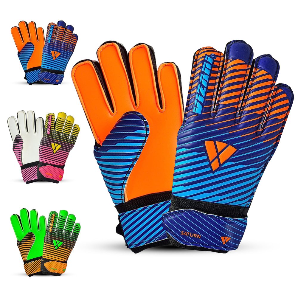 Vizari Saturn F.P. Soccer Goalkeeper Gloves with Finger Support - Blue/Orange, Size 4 | Inbuilt Fingersave Protection Goalie Gloves | 3-MM Duplatex Foam Palm Football Gloves