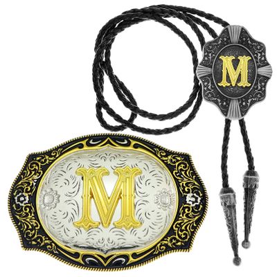 2 Pieces Belt Buckle Bolo Tie Small Set Golden Initial Letter A to Z Western Cowboy Costume Accessory for Men Women M