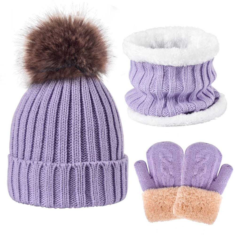 Kids Winter Knit Beanie Hat Scarf and Gloves Set for Girls Boys Warm Thick Fleece Lined Thermal Purple Skull Cap Mittens Infinity Scarf Neck Warmer with Pompom for 2-5 Years Old Baby Toddler Children