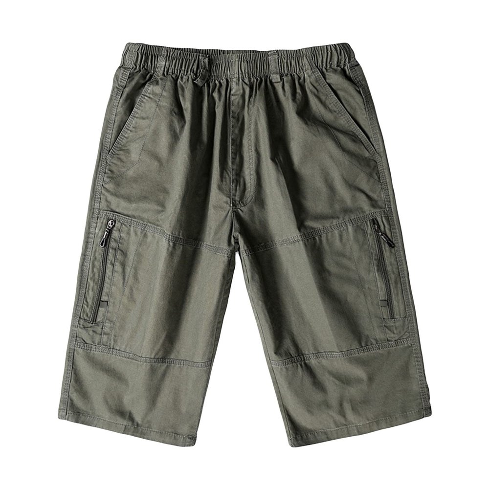Men's Outdoor Zipper Pocket Cargo Shorts Elastic Waist Hiking Tactical Shorts Multi Pockets 3/4 Long Short Pants (ArmyGreen,X-Large)