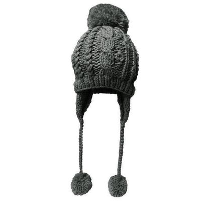 BIBITIME Handmade Crochet Beanie Cable Knit Hat Braided Ear Flaps Earmuff Cap 3 Pom Pom Ball Winter Warm (Small, Dark Grey)