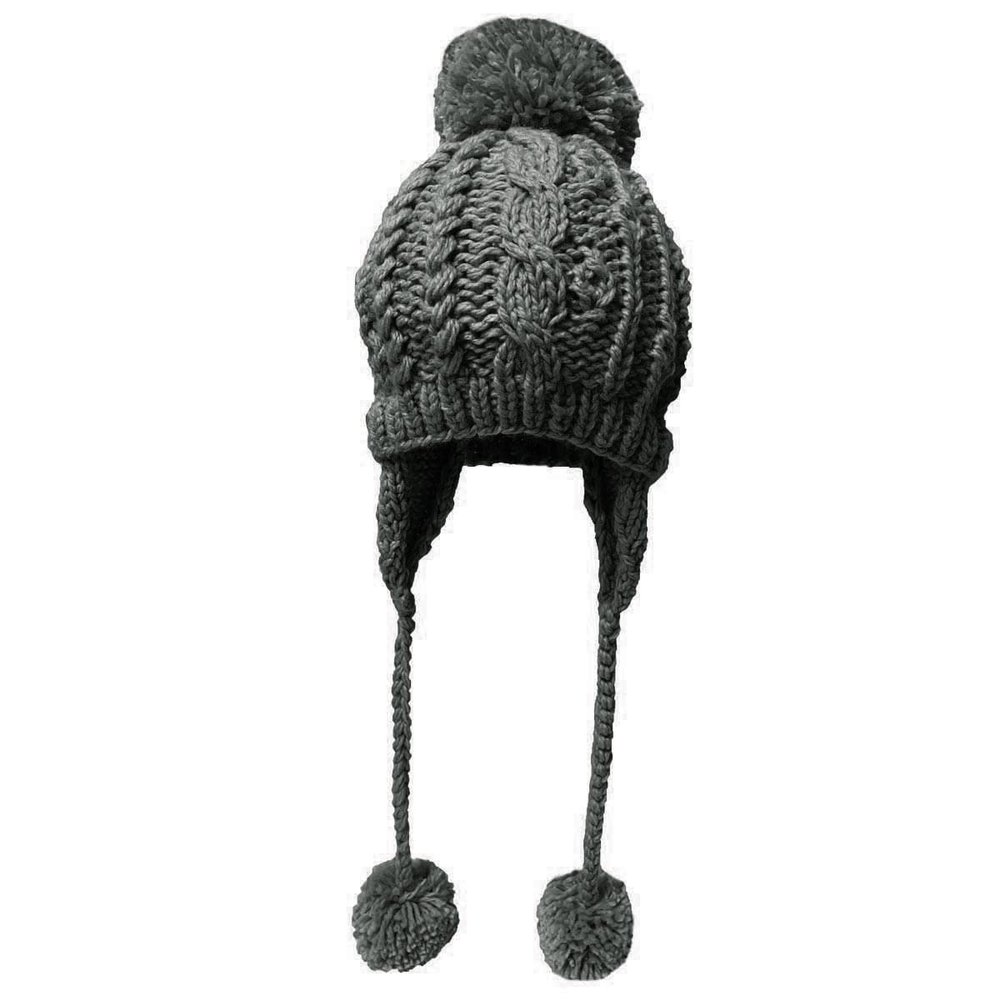 BIBITIME Handmade Crochet Beanie Cable Knit Hat Braided Ear Flaps Earmuff Cap 3 Pom Pom Ball Winter Warm (Small, Dark Grey)