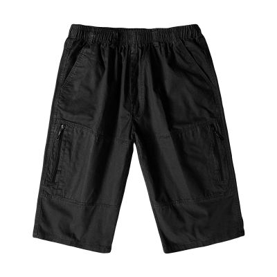 Maiyifu-GJ Men's Outdoor Zipper Pocket Cargo Shorts Elastic Waist Hiking Tactical Shorts Multi Pockets 3/4 Long Short Pants (Black,3X-Large)