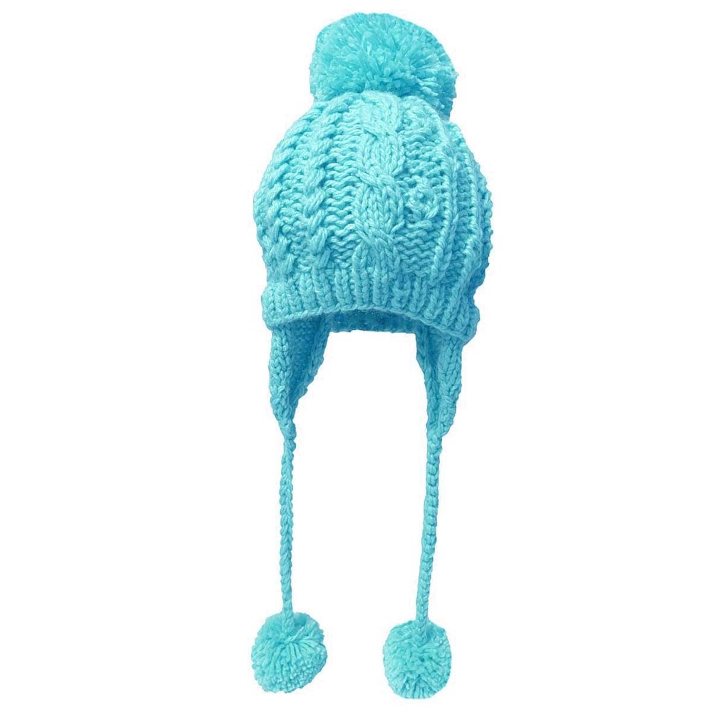BIBITIME Handmade Crochet Beanie Cable Knit Hat Braided Ear Flaps Earmuff Cap 3 Pom Pom Ball Winter Warm (Small, Sky Blue)