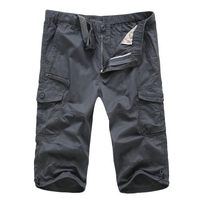 Men's Relaxed Fit 3/4 Cargo Shorts Twill Elastic Waist Multi Pocket Capri Pants Casual Loose Fit Below Knee Short (Grey,Small)