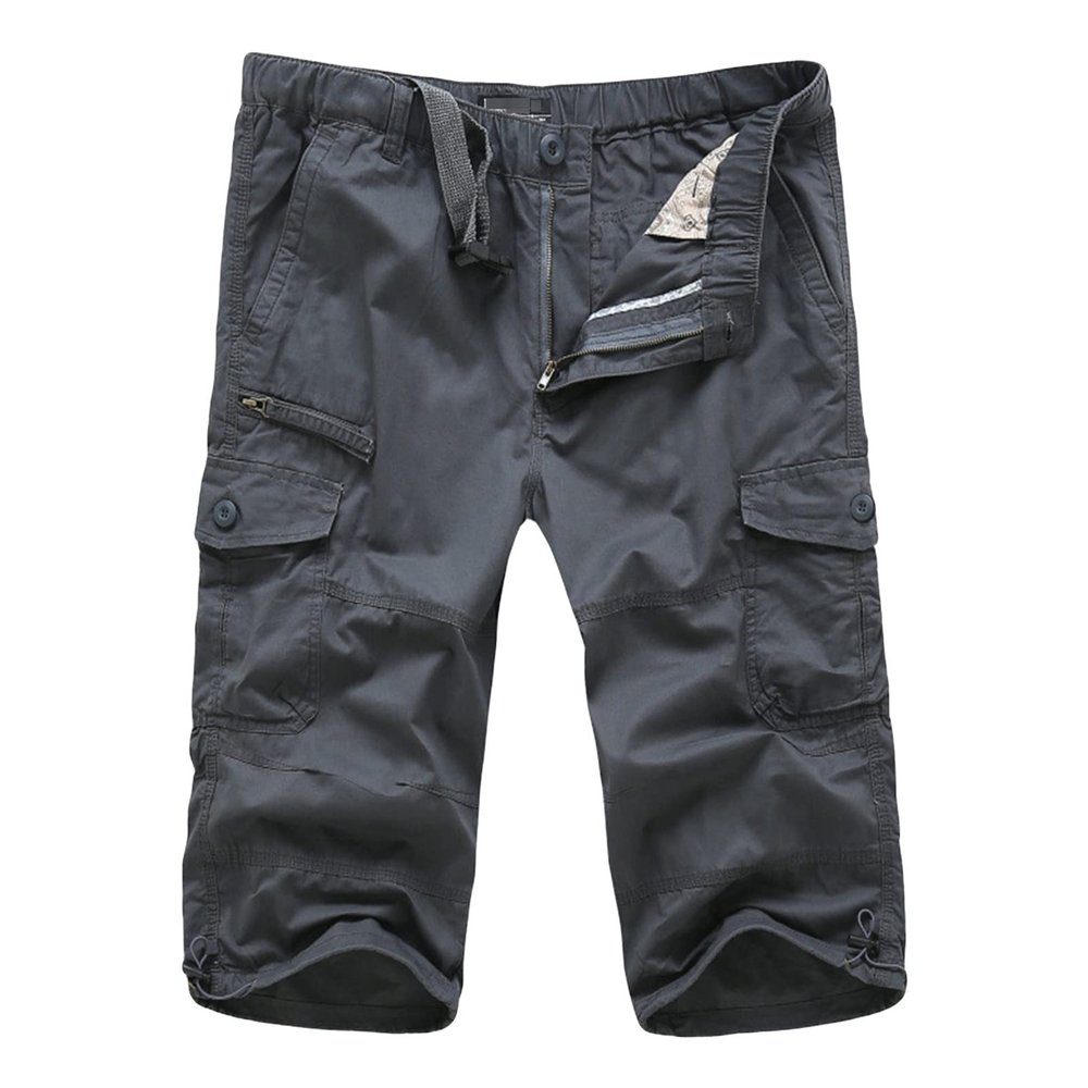 Men's Relaxed Fit 3/4 Cargo Shorts Twill Elastic Waist Multi Pocket Capri Pants Casual Loose Fit Below Knee Short (Grey,Small)