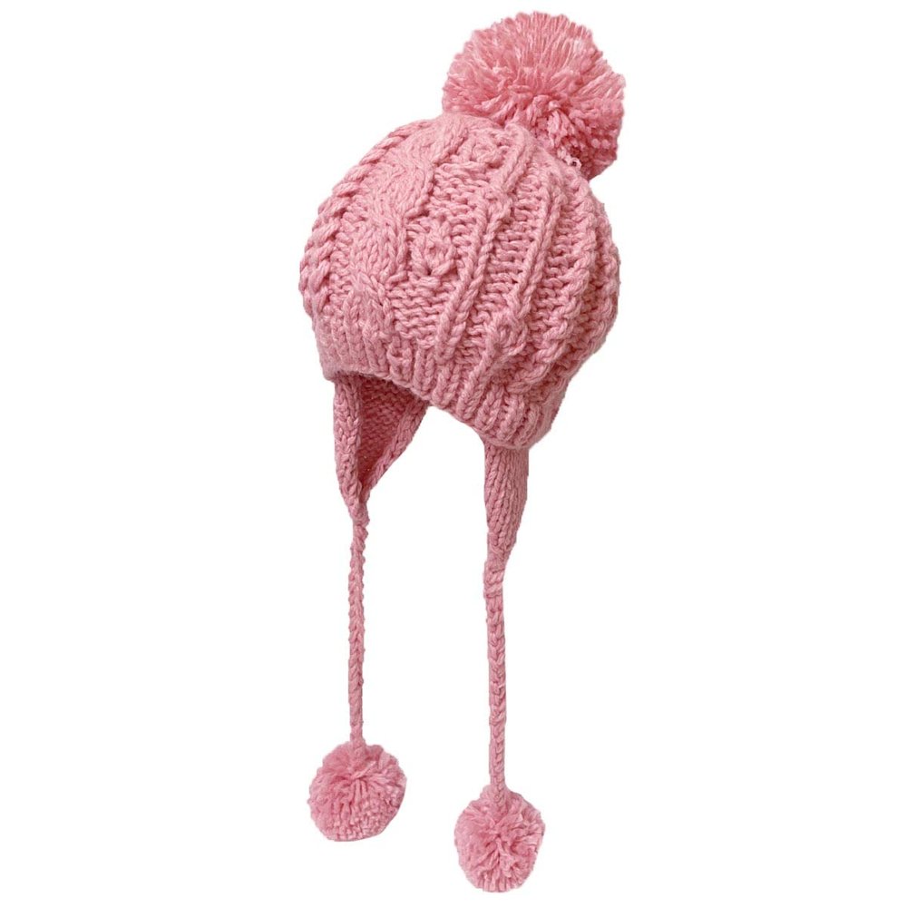 BIBITIME Handmade Crochet Beanie Cable Knit Hat Braided Ear Flaps Earmuff Cap 3 Pom Pom Ball Winter Warm (Small, Pink)