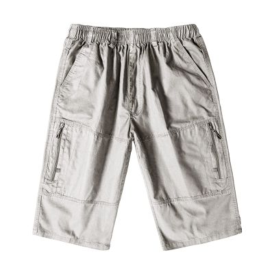 Maiyifu-GJ Men's Outdoor Zipper Pocket Cargo Shorts Elastic Waist Hiking Tactical Shorts Multi Pockets 3/4 Long Short Pants (Light Grey,Large)