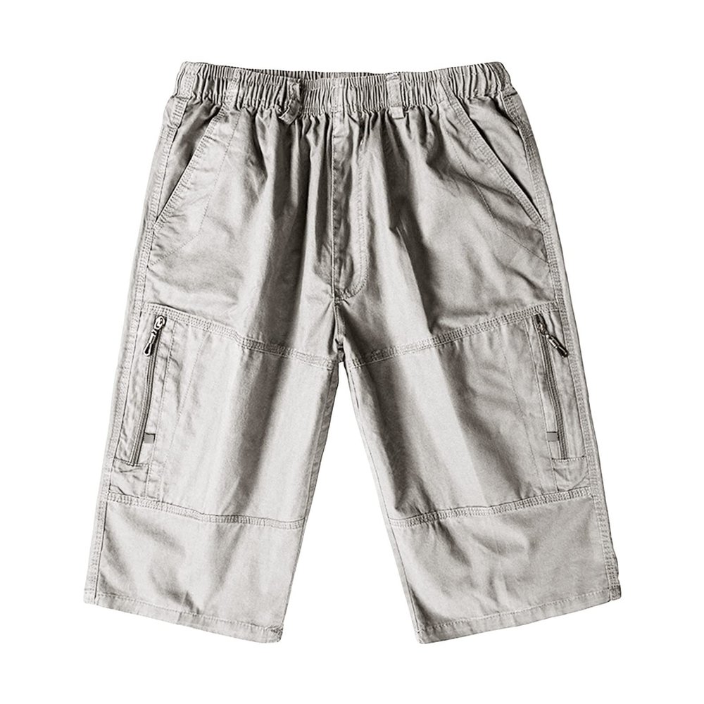 Maiyifu-GJ Men's Outdoor Zipper Pocket Cargo Shorts Elastic Waist Hiking Tactical Shorts Multi Pockets 3/4 Long Short Pants (Light Grey,Large)