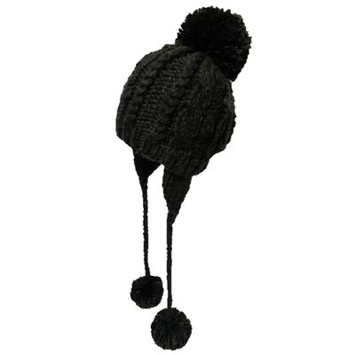 BIBITIME Handmade Crochet Beanie Cable Knit Hat Braided Ear Flaps Earmuff Cap 3 Pom Pom Ball Winter Warm (Small, Black)