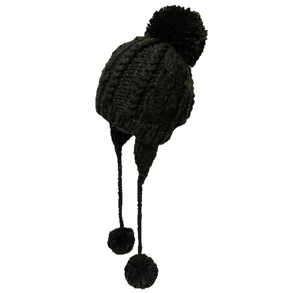 BIBITIME Handmade Crochet Beanie Cable Knit Hat Braided Ear Flaps Earmuff Cap 3 Pom Pom Ball Winter Warm (Small, Black)