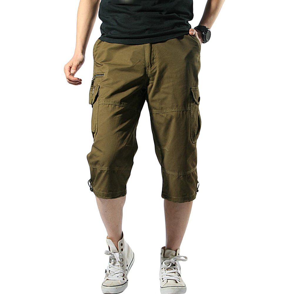 Maiyifu-GJ Men's 3/4 Long Cargo Shorts Loose Fit Below Knee Tactical Capri Short Relaxed Fit Short Pants with Multi Pockets (Yellow,XX-Large)