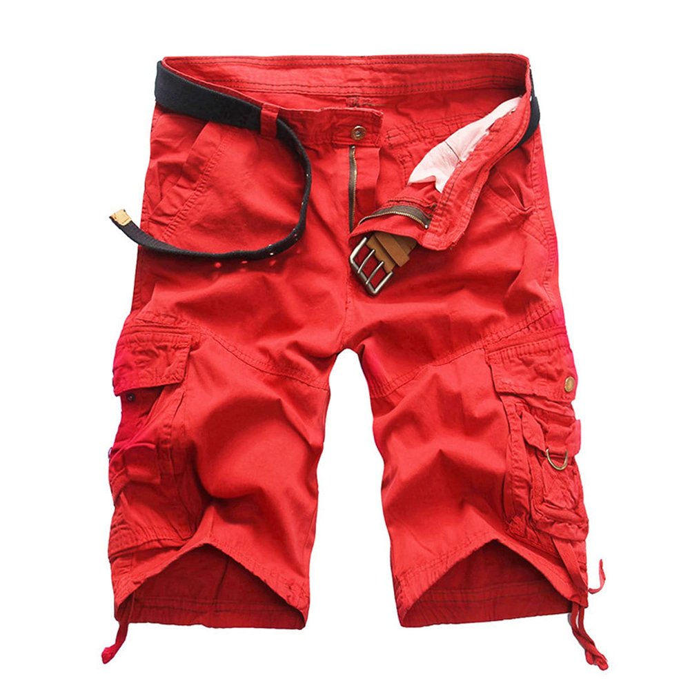 Men's Relaxed Fit Camo Cargo Shorts Lightweight Multi Pocket Outdoor Short Pants Casual Hiking Tactical Shorts (Red,32)