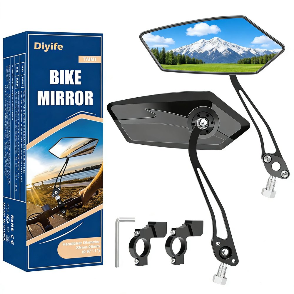 Diyife Bike Mirror 1 Pair, [New Version] HD Wide Angle Large Handlebar Rearview Mirror, Blast-Resistant 360Adjustable Bicycle Rear View Mirror Accessories for Ebike Mountain Road Bike