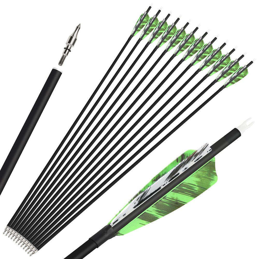 ZSHJGJR 28/30/31 Inch Archery Carbon Arrows Hunting Arrows with 4 Turkey Feather Removable Tips Targeting Practice Arrows 500 Spine for Compound & Recurve Bow 6/12Pack (12, Green, 31 Inch)