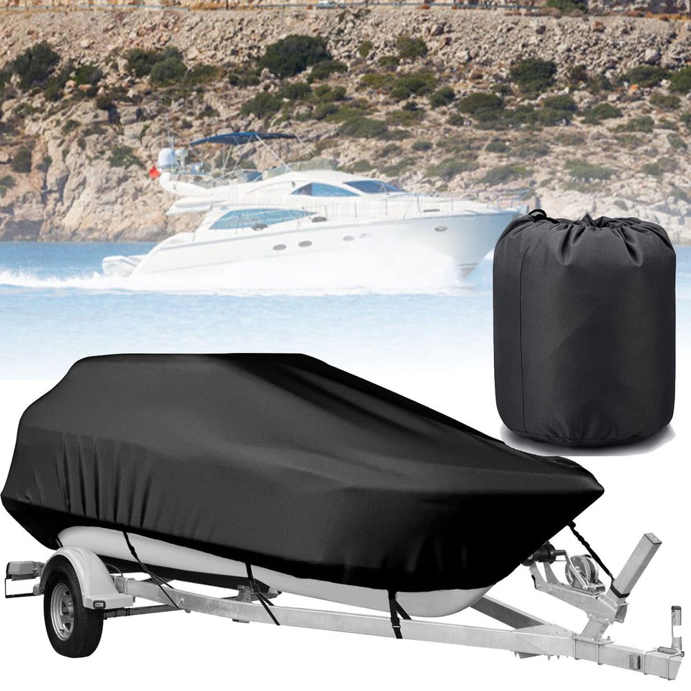 11-21ft Boat Cover Heavy Duty 600D Waterproof Canvas Trailable Waterproof Boat Cover V-Hull Tri-Hull Runabout Boat Cover Black,17-19FT-V