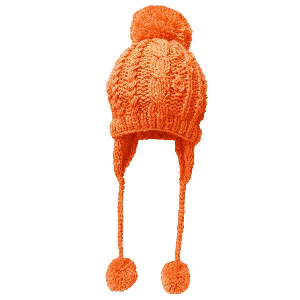 BIBITIME Crochet Beanie Cable Knit Hat Ear Flaps Earmuff Cap 3 Pom Winter Warm,Small,Orange