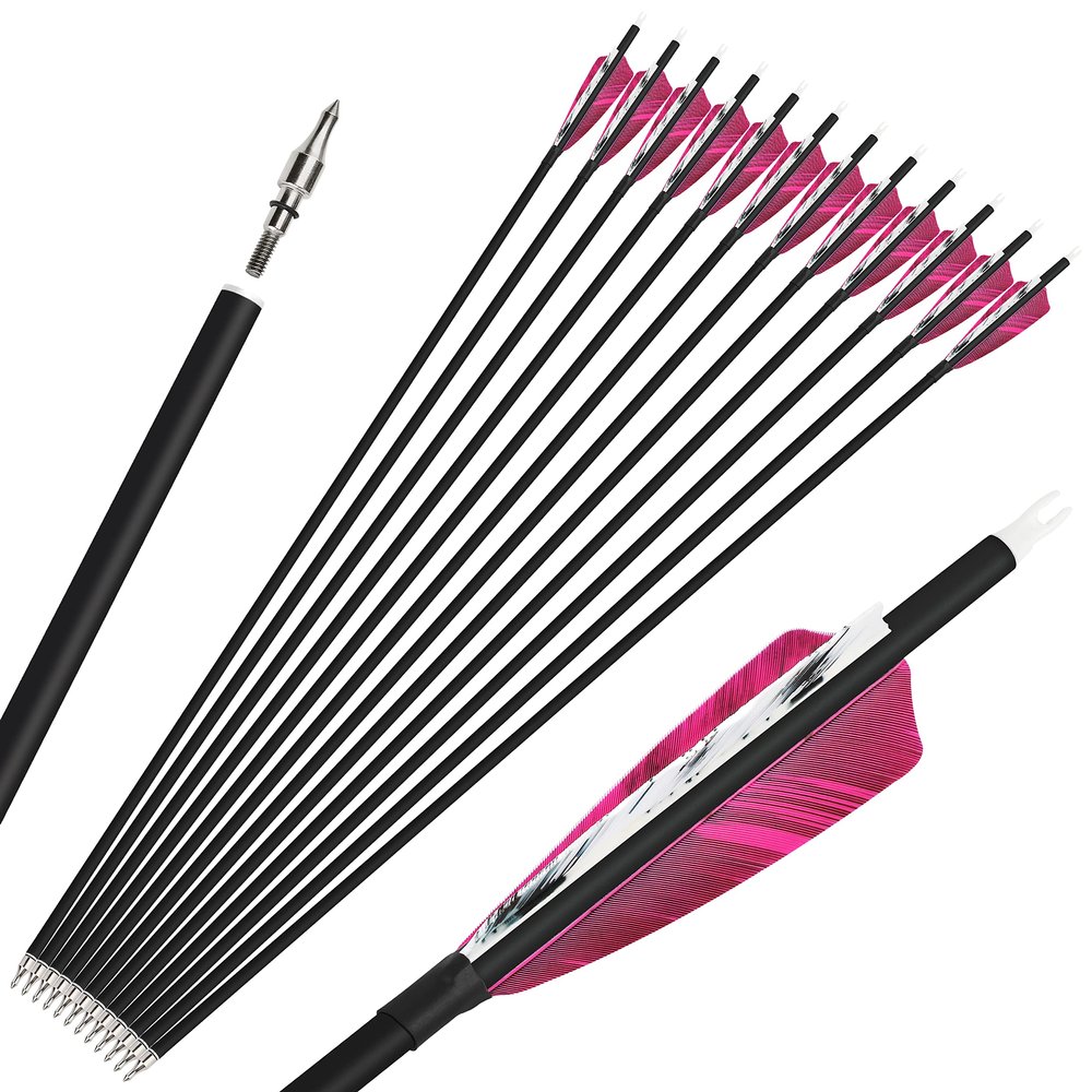 ZSHJGJR 28/30/31 Inch Archery Carbon Arrows Hunting Arrows with 4 Turkey Feather Removable Tips Targeting Practice Arrows 500 Spine for Compound & Recurve Bow 6/12Pack (12, Purple Red, 30 Inch)