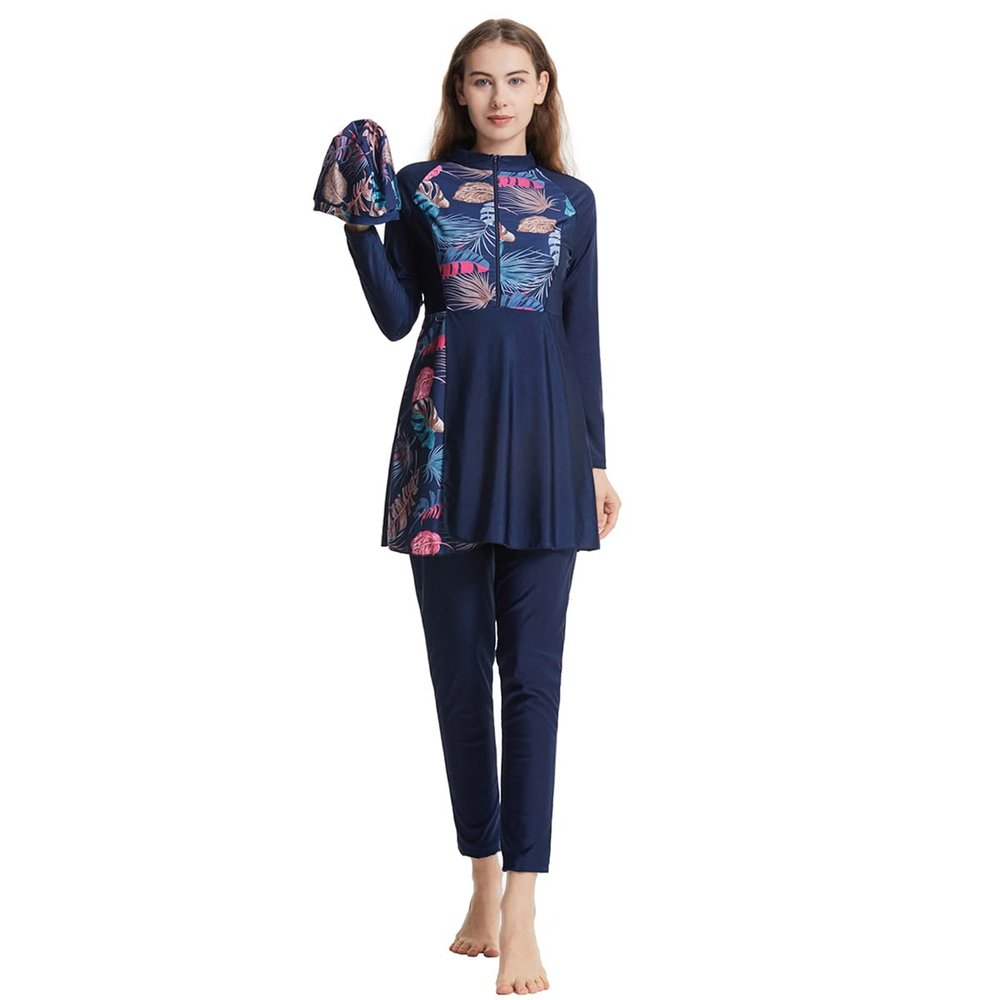 Burkini Swimsuits for Women Long Sleeve Floral Print Modest Muslim Swimwear with Chest Pads O Neck Zipper Closure Islamic Full Cover Hijab Top Dress Pants Bathing Suit Navy Blue Floral X-Large