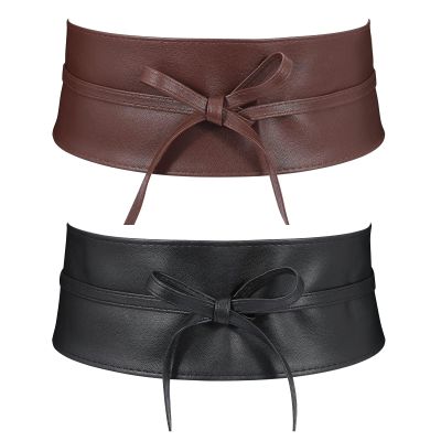 2 Pack Women PU Leather Obi Belts Wide Self Tie Bowknot Belts Fashion Wrap Around Belts for Jumpsuit Dress (Black+Coffee,Suits waist size 31''-36'')