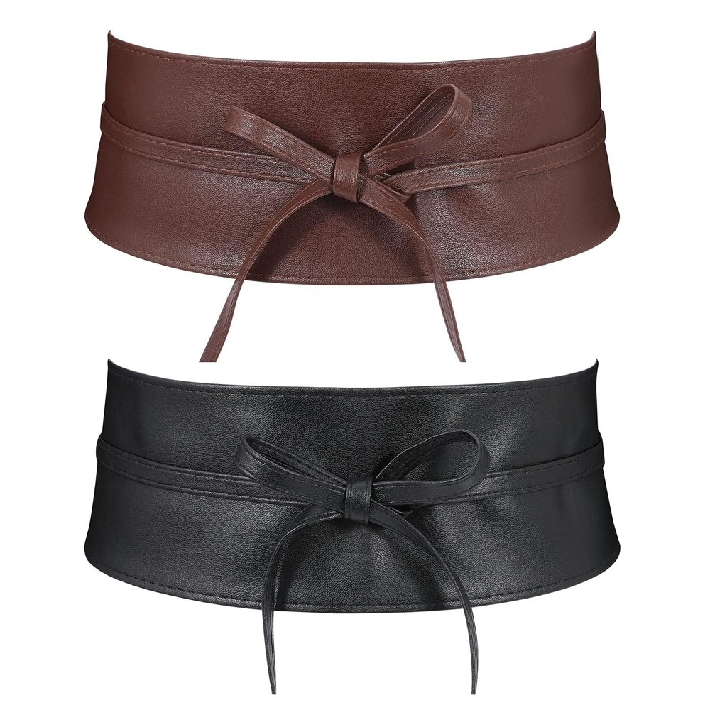 2 Pack Women PU Leather Obi Belts Wide Self Tie Bowknot Belts Fashion Wrap Around Belts for Jumpsuit Dress (Black+Coffee,Suits waist size 31''-36'')