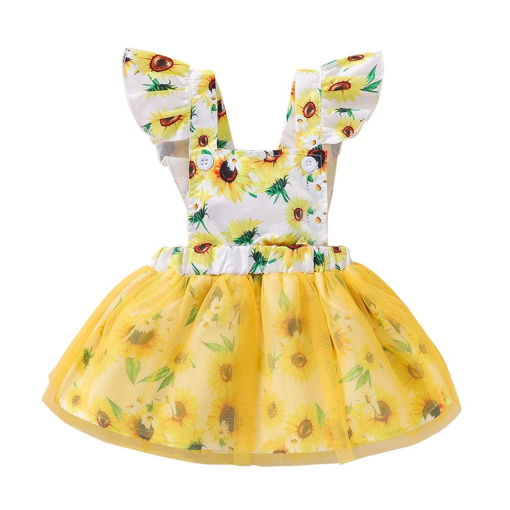 Baby Toddler Princess Ruffles Tulle Printed Girls Sleeveless Backless Sunflower Dress Baby Girl (Yellow, 18-24 Months)