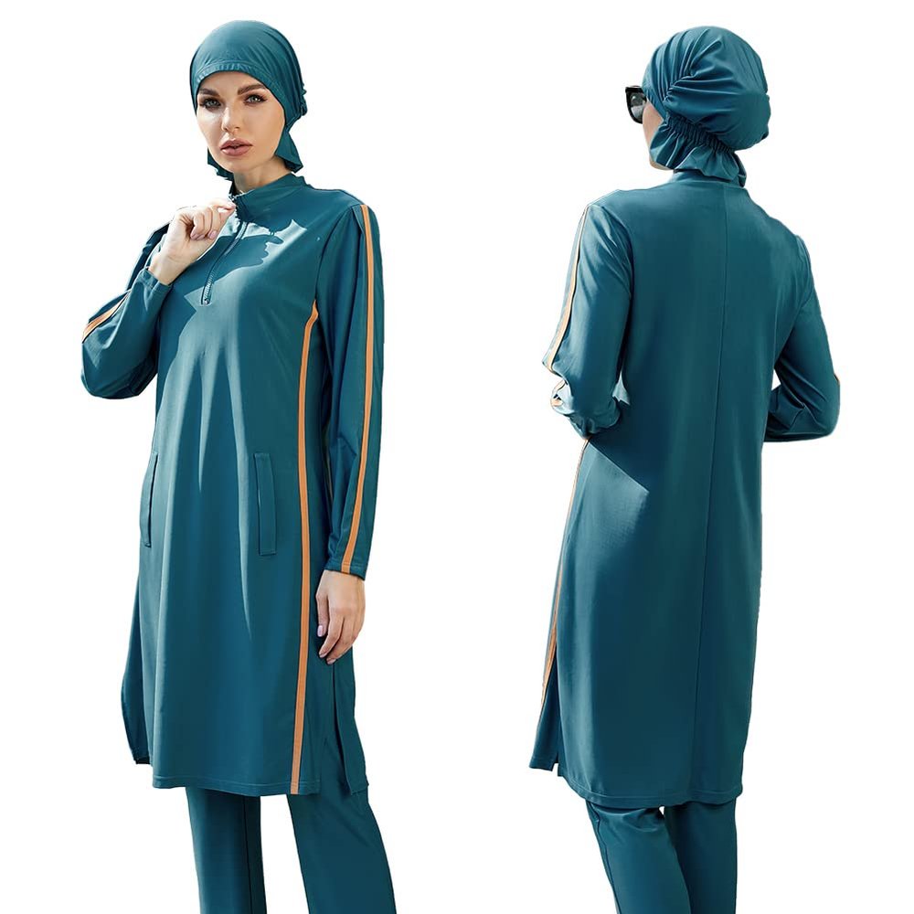 Womens Muslim Swimsuits Long Sleeve Floral Print Hijab Top Swim Pants Elastic Waistband Full Coverage Swimwear Modest Islamic Ladies Beachwear Swimming Burkini Bathing Suit Lake Blue X-Large