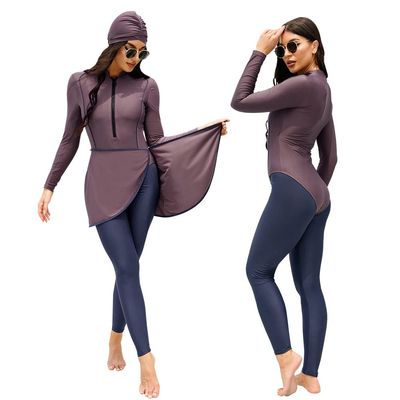 AWIBMK Muslim Swimsuits for Women Floral Print Long Sleeve Top Swim Pants Full Coverage Swimwear Modest Islamic Hijab Ladies Beachwear Arabic Swimming Outfits Burkini Swim Suit Purple Gray Small