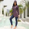AWIBMK Muslim Swimsuits for Women Floral Print Long Sleeve Top Swim Pants Full Coverage Swimwear Modest Islamic Hijab Ladies Beachwear Arabic Swimming Outfits Burkini Swim Suit Purple Gray Small view 3