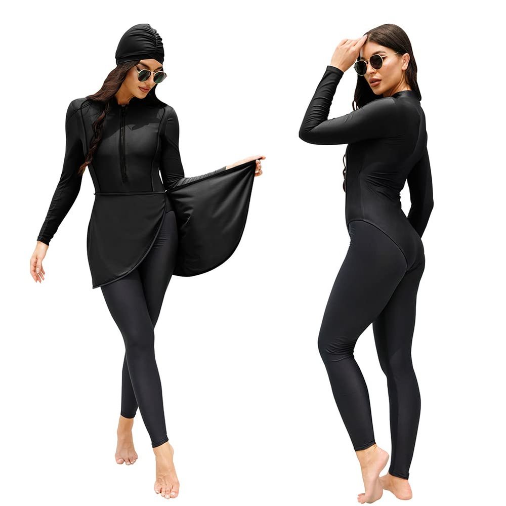 AWIBMK Muslim Swimsuits for Women Floral Print Long Sleeve Top Swim Pants Full Coverage Swimwear Modest Islamic Hijab Ladies Beachwear Arabic Swimming Outfits Burkini Swim Suit Black - Z X-Large