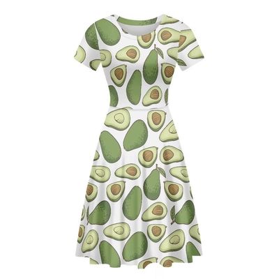 AmzPrint 3D Cartoon Printing Mexico Avocado Dress High Waist Short Sleeve Round Neck Midi Fruit Dress Women