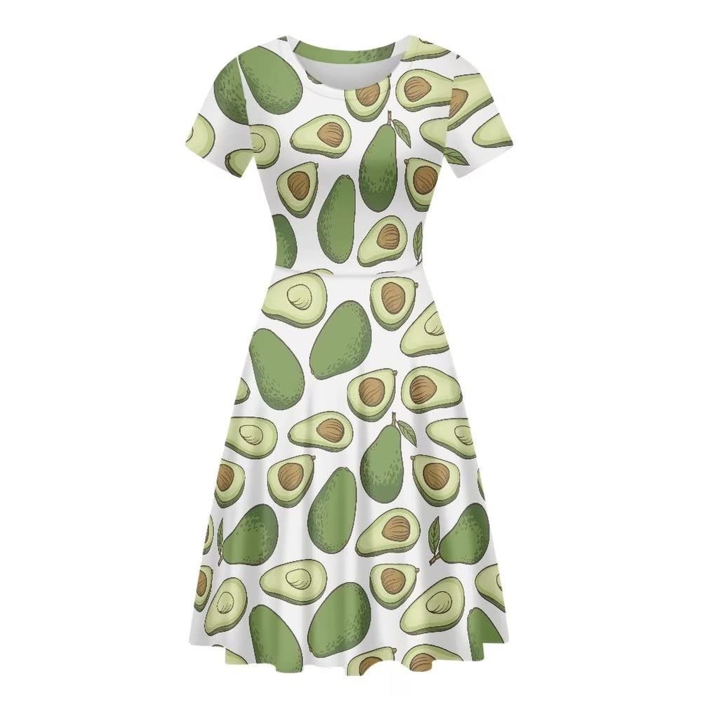 AmzPrint 3D Cartoon Printing Mexico Avocado Dress High Waist Short Sleeve Round Neck Midi Fruit Dress Women
