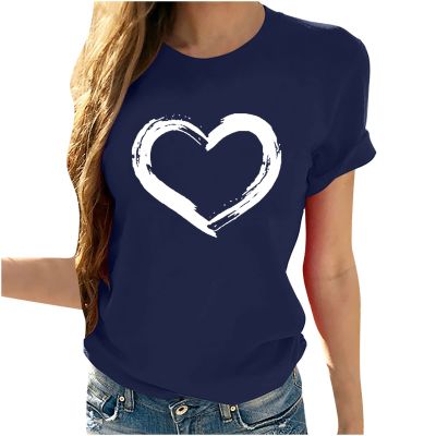 Women Love Heart Graphic T Shirts Summer Casual Short Sleeve Crew Neck Tee Tops Loose Fit T-Shirt Blouses Navy