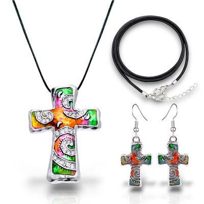 BESHEEK Silvertone Rainbow Butterfly Pendant Necklace & Earrings (Silvertone Rainbow Mosaic Cross Necklace and Earring Set)