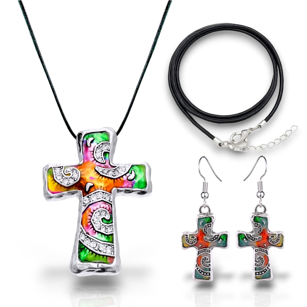 BESHEEK Silvertone Rainbow Butterfly Pendant Necklace & Earrings (Silvertone Rainbow Mosaic Cross Necklace and Earring Set)