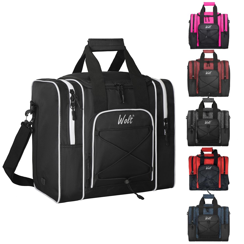WOLT Bowling Ball Bag for Single Ball -Bowling Bag with Padded Holder, 2 Pockets Fit Shoes Up to Mens Size 14 and Accessories(black)