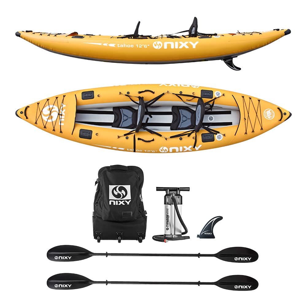 NIXY Tahoe Inflatable Kayak - Premium 2 Person Kayak Durable Design for Two Adults, Portable and Stable with Advanced Features for Fishing and Adventure - Seats and Paddles Included - Yellow