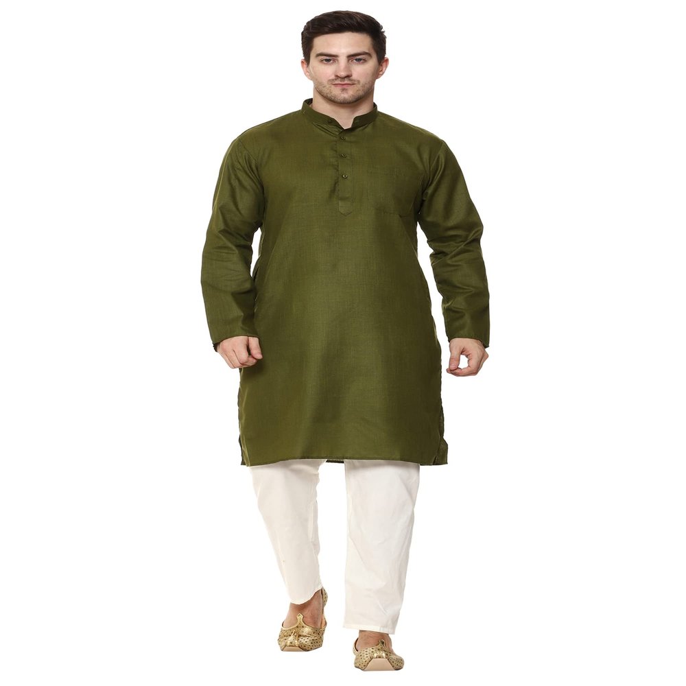 ITOS365 Men Cotton Blend Kurta Pyjama Set Party Fashion Regular Ethinic Wear Indian Dress Gift for Men Mehndi XL