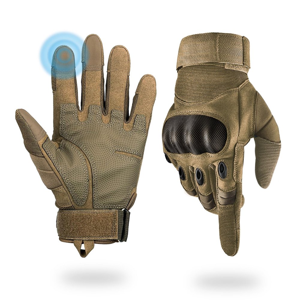 Liovoras Tactical Gloves for Men, Shooting Motorcycle Gloves Hard Shell Knuckle Protection Leather Palm for Riding Airsoft Paintball Climbing Training - Tan, Size L