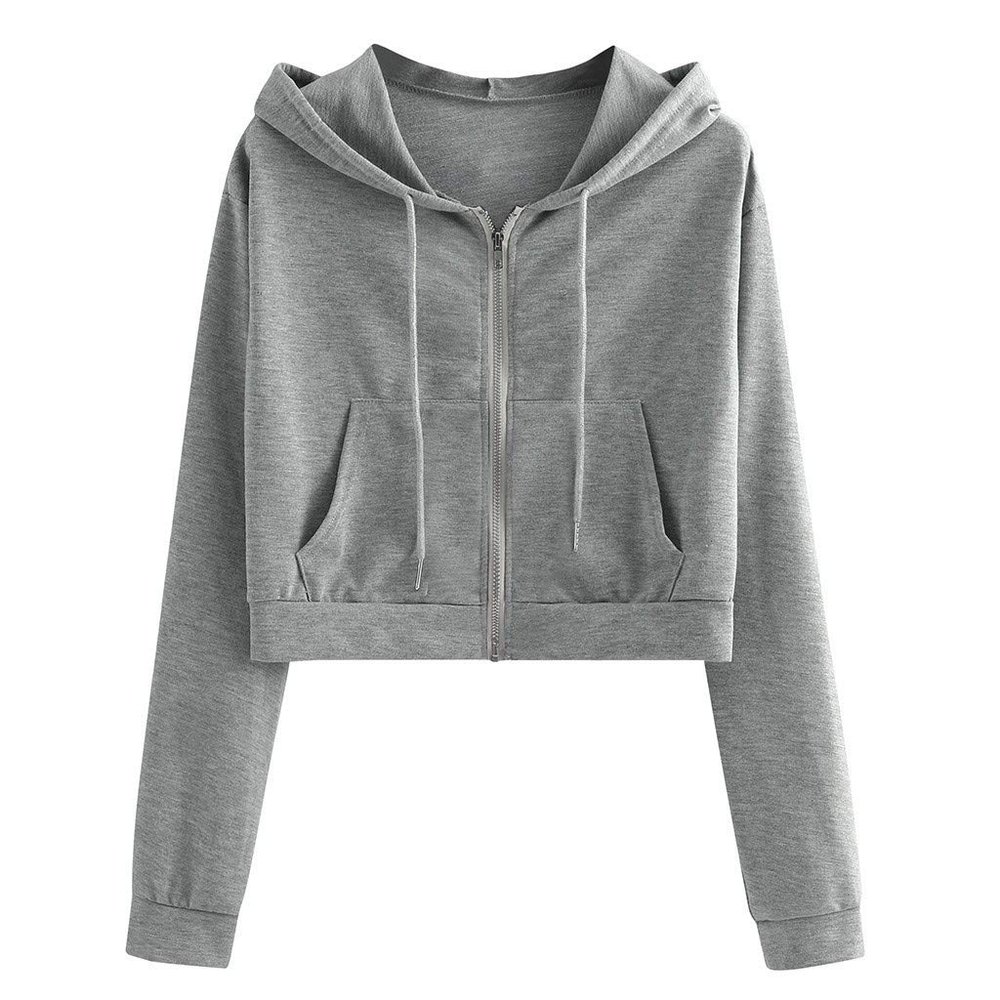 Teen Girls Casual Drawstring Zip Up Hoodie Cute Workout Crop Top Trendy Lightweight Long Sleeve Sweatshirt for Women Gray