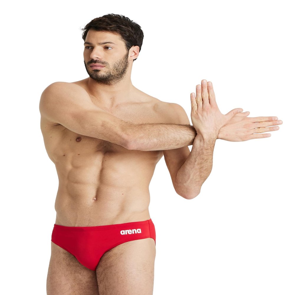 ARENA Mens Team Solid Swim Brief MaxLife Athletic Swimwear Professional Training Swimsuit Sports Bathing Suit, Red/White, US Size 26