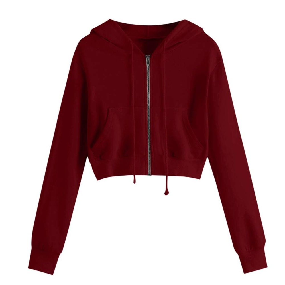 Teen Girls Casual Drawstring Zip Up Hoodie Cute Workout Crop Top Trendy Lightweight Long Sleeve Sweatshirt for Women Wine