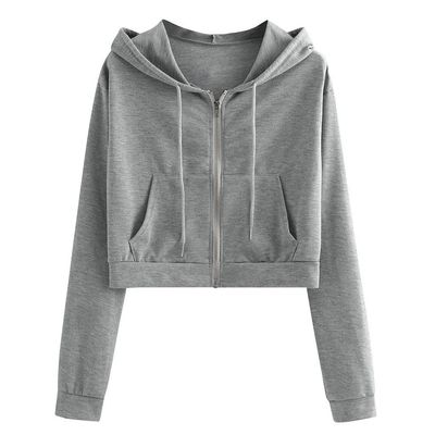 Teen Girls Casual Drawstring Zip Up Hoodie Cute Workout Crop Top Trendy Lightweight Long Sleeve Sweatshirt for Women Gray