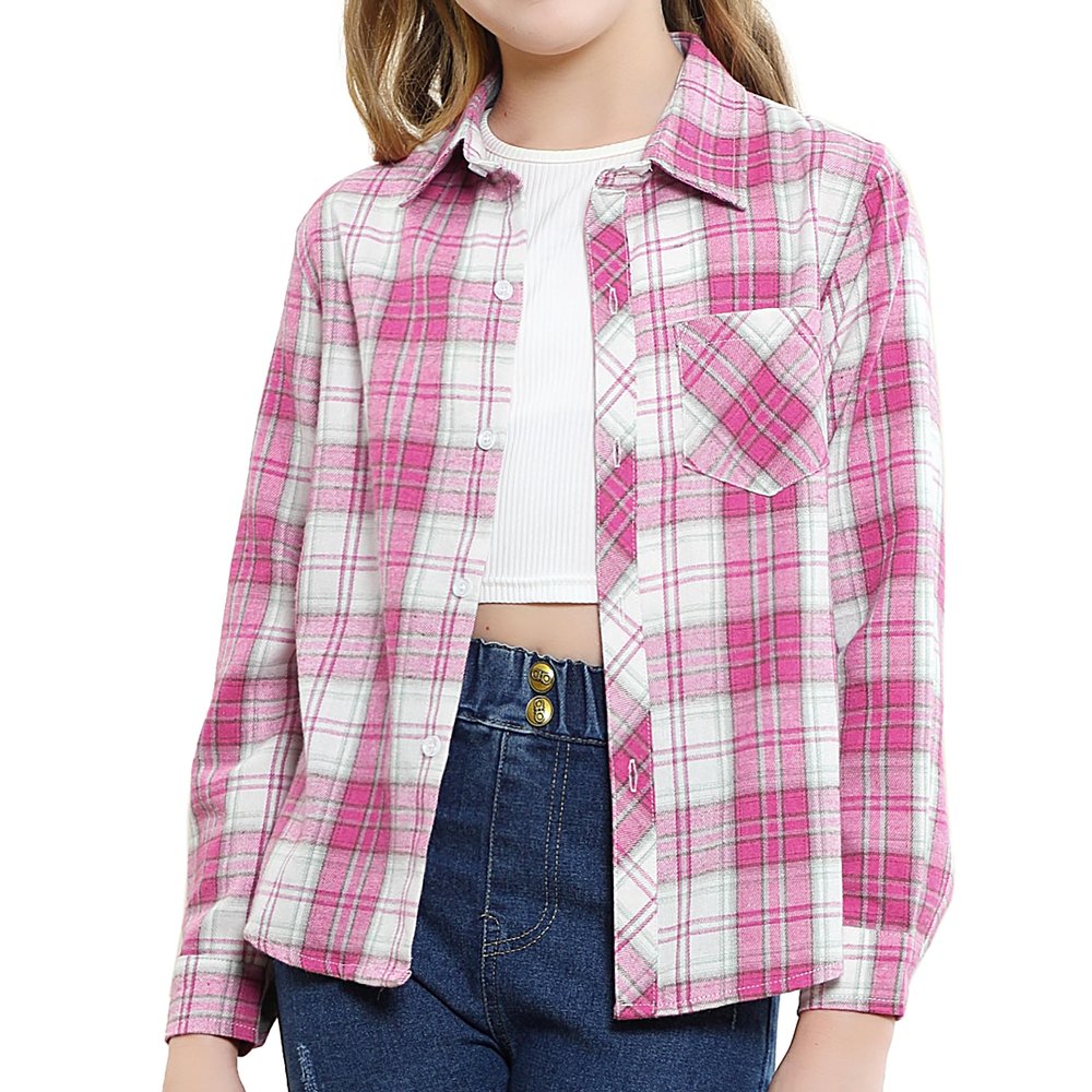 SANGTREE Family Matching Flannel Shirts Girls Flannel Shirt Long Sleeve Button Down Plaid Pink, 3-4T = Tag 110
