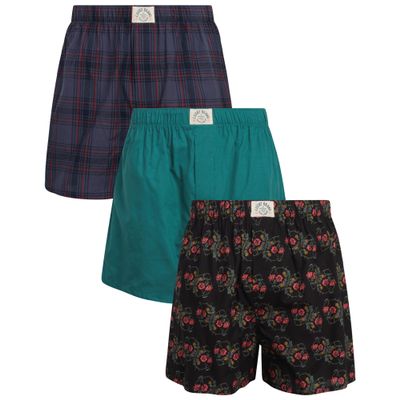 Lucky Brand Mens Boxer Shorts - 3 Pack 4'' Inseam Woven Cotton Boxers for Men with Functional Fly Mens Underwear Boxers, Size Small, Blue Print/Black Print/Teal