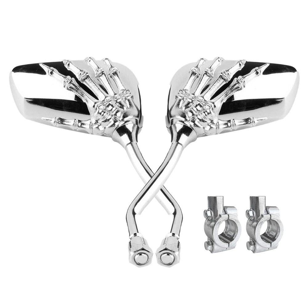 Pairs of Distinctive Skull Skeleton Hand Bike Mirror, Bicycle Mirrors for Handlebars with Mount Holder Clamp Adaptor 10mm for Scooter Moped Bike Standard Bike Motorcycle (Silver)