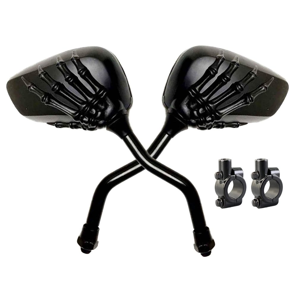 Pairs of Distinctive Skull Skeleton Hand Bike Mirror, Bicycle Mirrors for Handlebars with Mount Holder Clamp Adaptor 10mm for Scooter Moped Bike Standard Bike Motorcycle (Black)